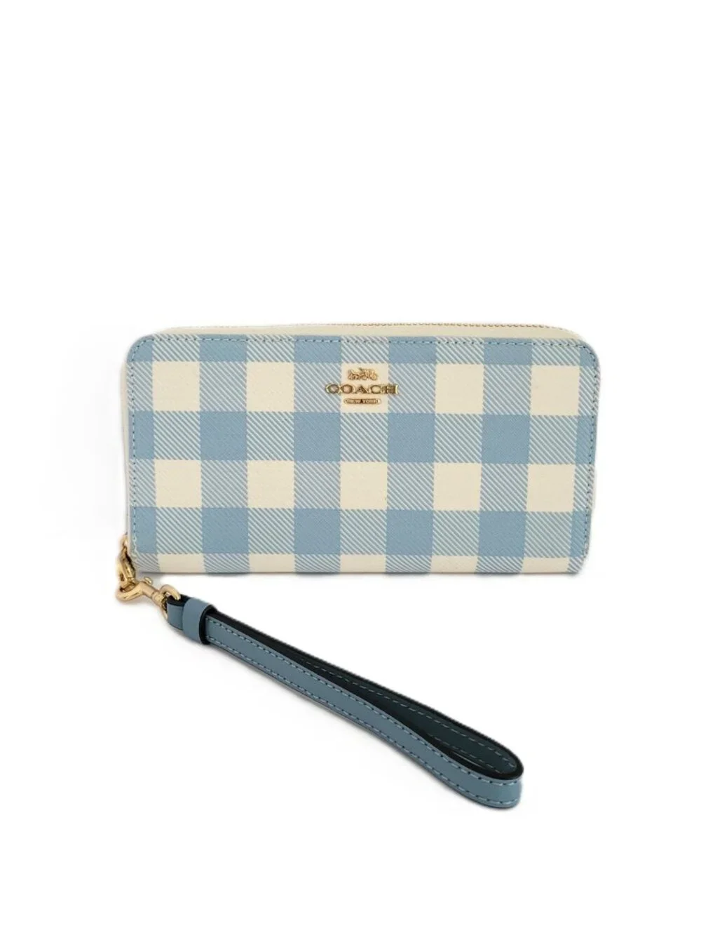 Coach CFA13 Long Zip Around Wallet Jacquard Gingham Print Wristlet Blue Multi